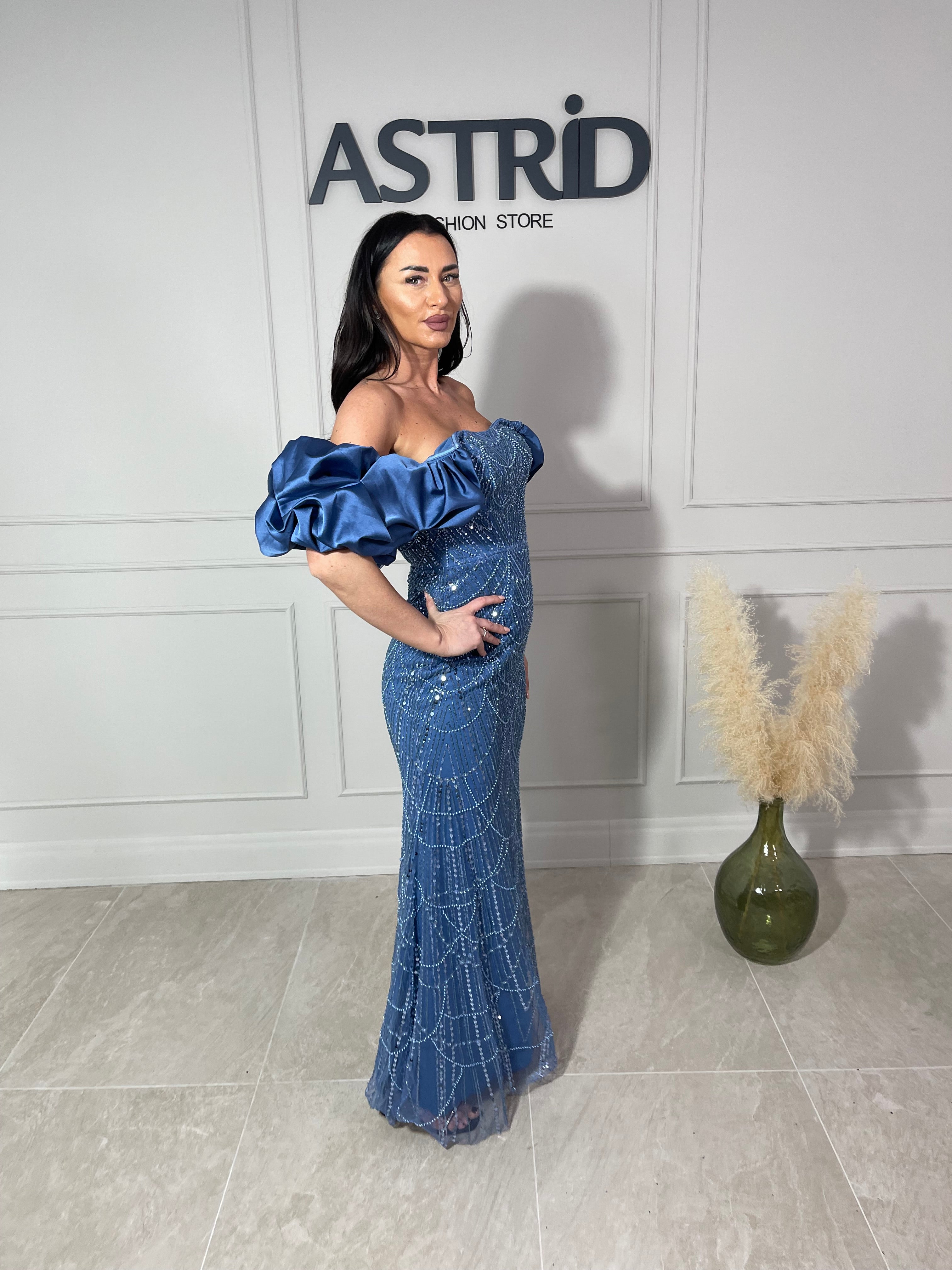 Rochie Amelie lungă din paiete cu mânecă bufantă