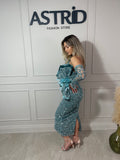 Rochie Belize midi cu mâneci detașabile și aplicații paiete și sclipici