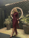 Rochie Edwina midi din bandaj cu maneca lunga si franjuri