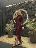 Rochie Edwina midi din bandaj cu maneca lunga si franjuri