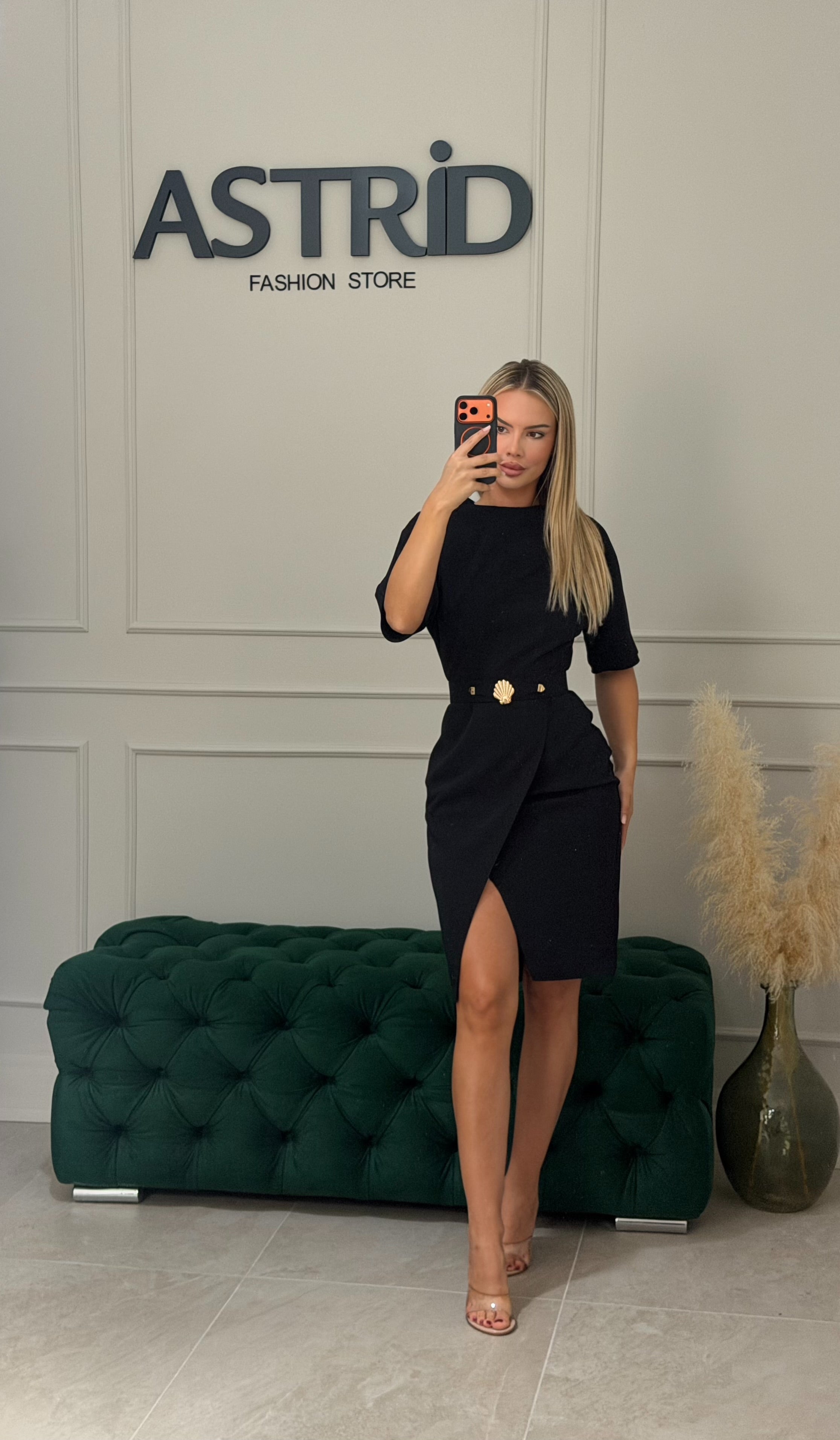 Rochie Harper midi cu maneci trei sferturi si curea in talie