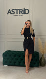 Rochie Harper midi cu maneci trei sferturi si curea in talie