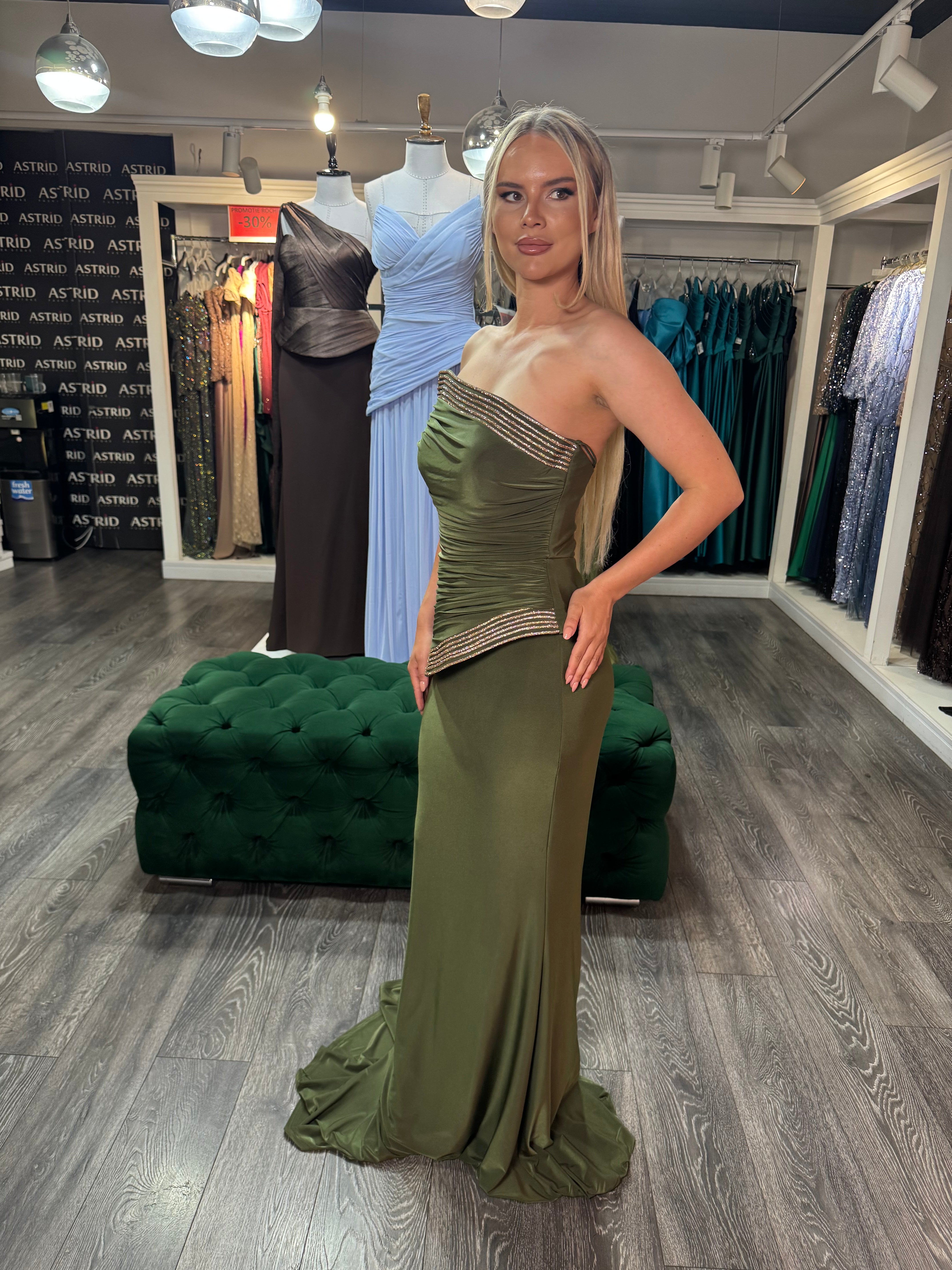 Rochie Aylin lunga olive cu corset aplicatii aurii