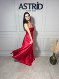 Rochie Erika lungă din satin în cloș cu corset la spate