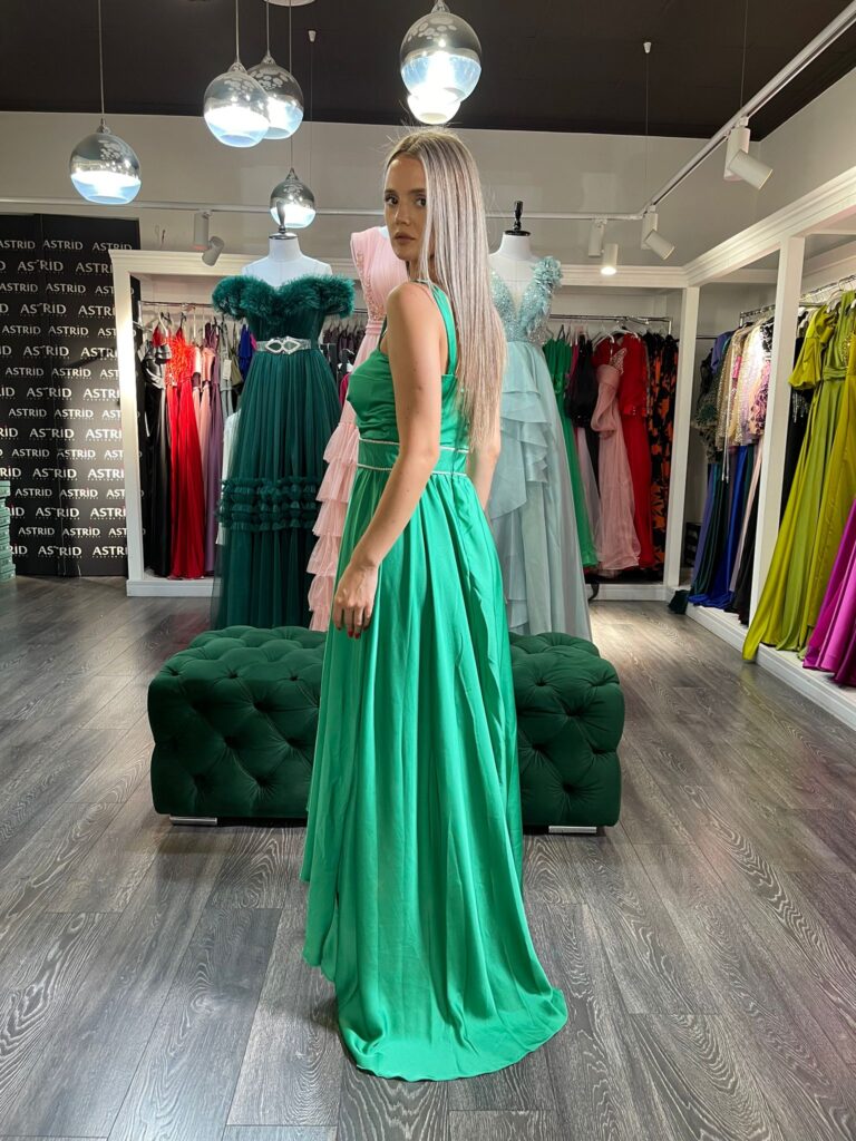 Rochie Aqua verde midi din satin asimetrica cu brau din pietre