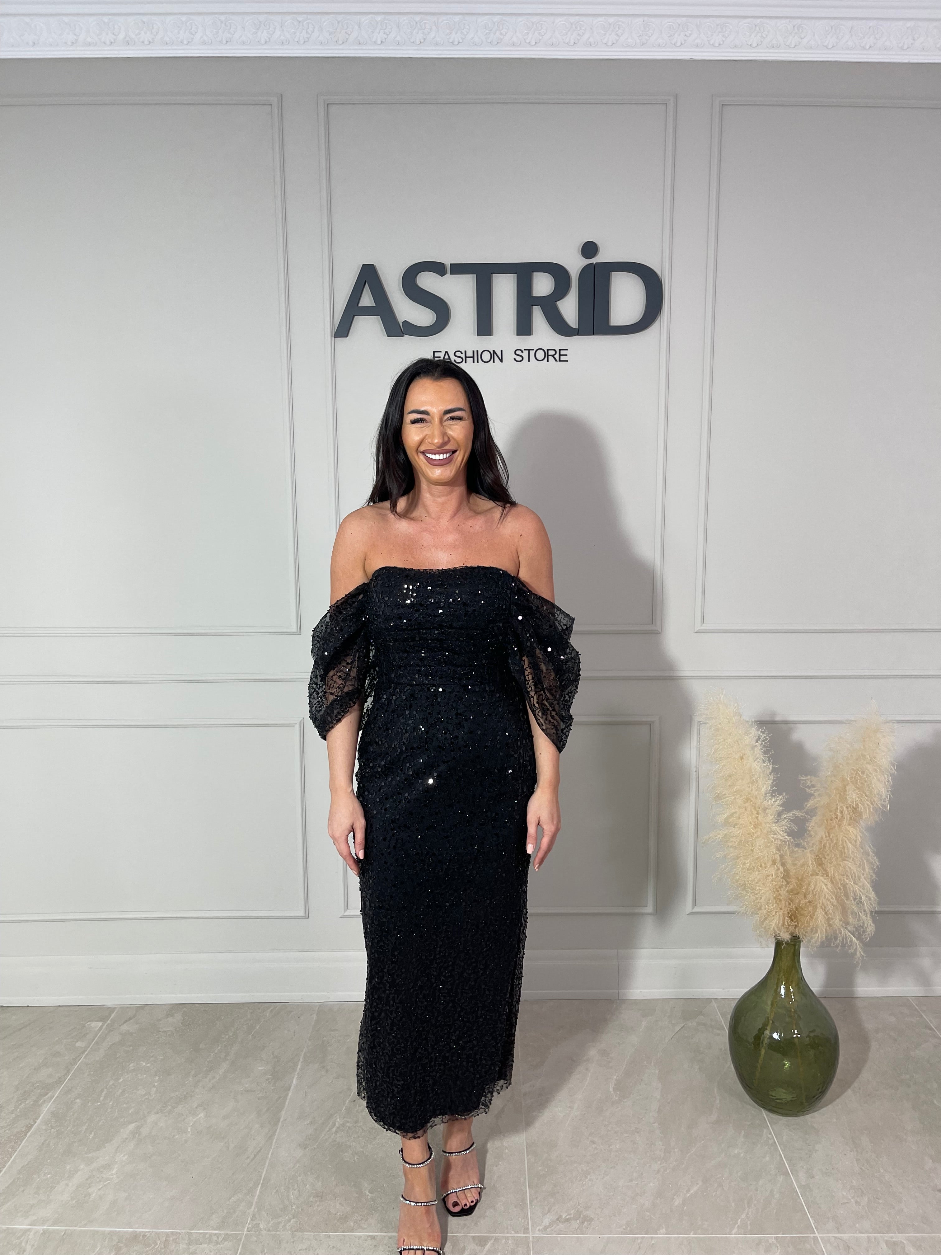 Rochie Opal midi din paiete cu mânecă căzută