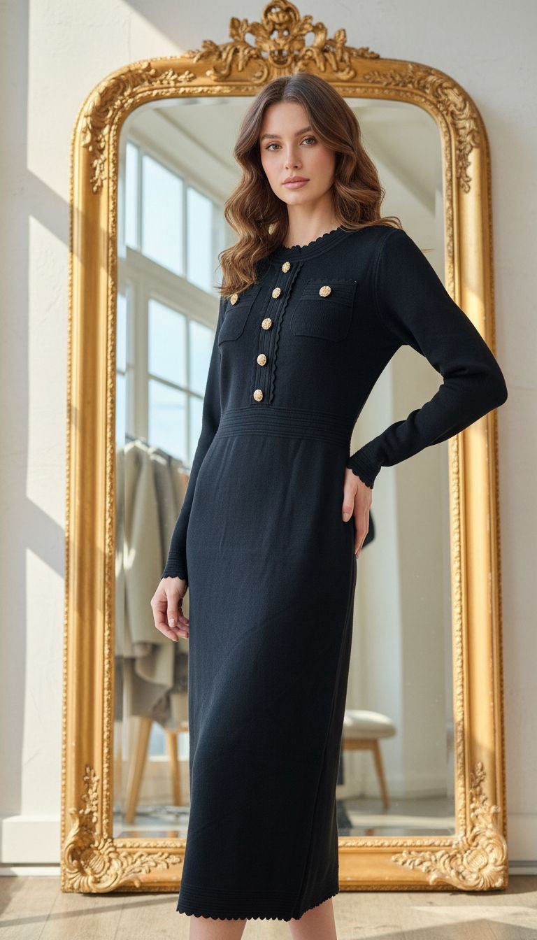 Rochie Gloria midi din penea cu nasturi aurii