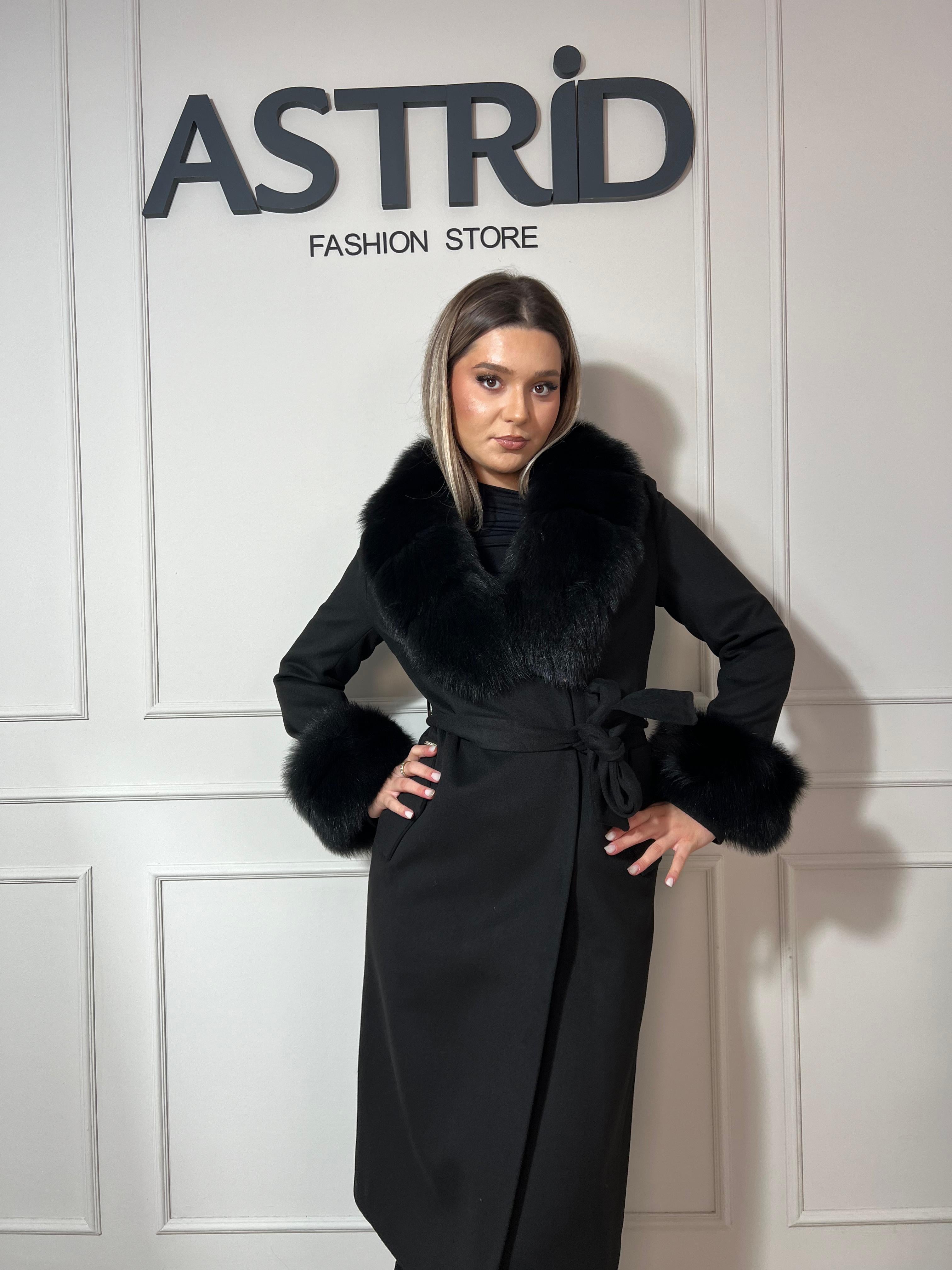 Palton Kleo din cașmir cu blană naturală și cordon in talie