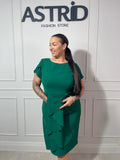 Rochie Nabila midi verde falduri în talie și mânecă scurtă