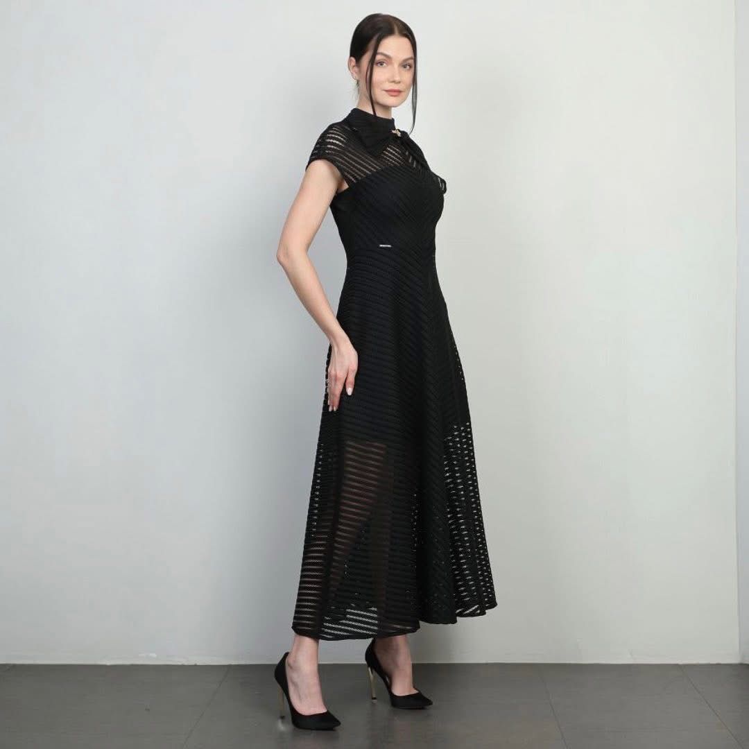Rochie Estera midi în cloș cu funda la gât neagă