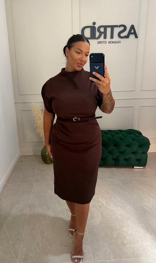 Rochie Beyza midi maro usor pe gat si curea in talie