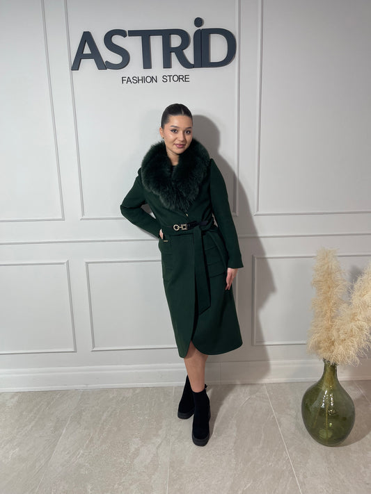 Palton Letiția din cașmir blană naturală și cordon în talie