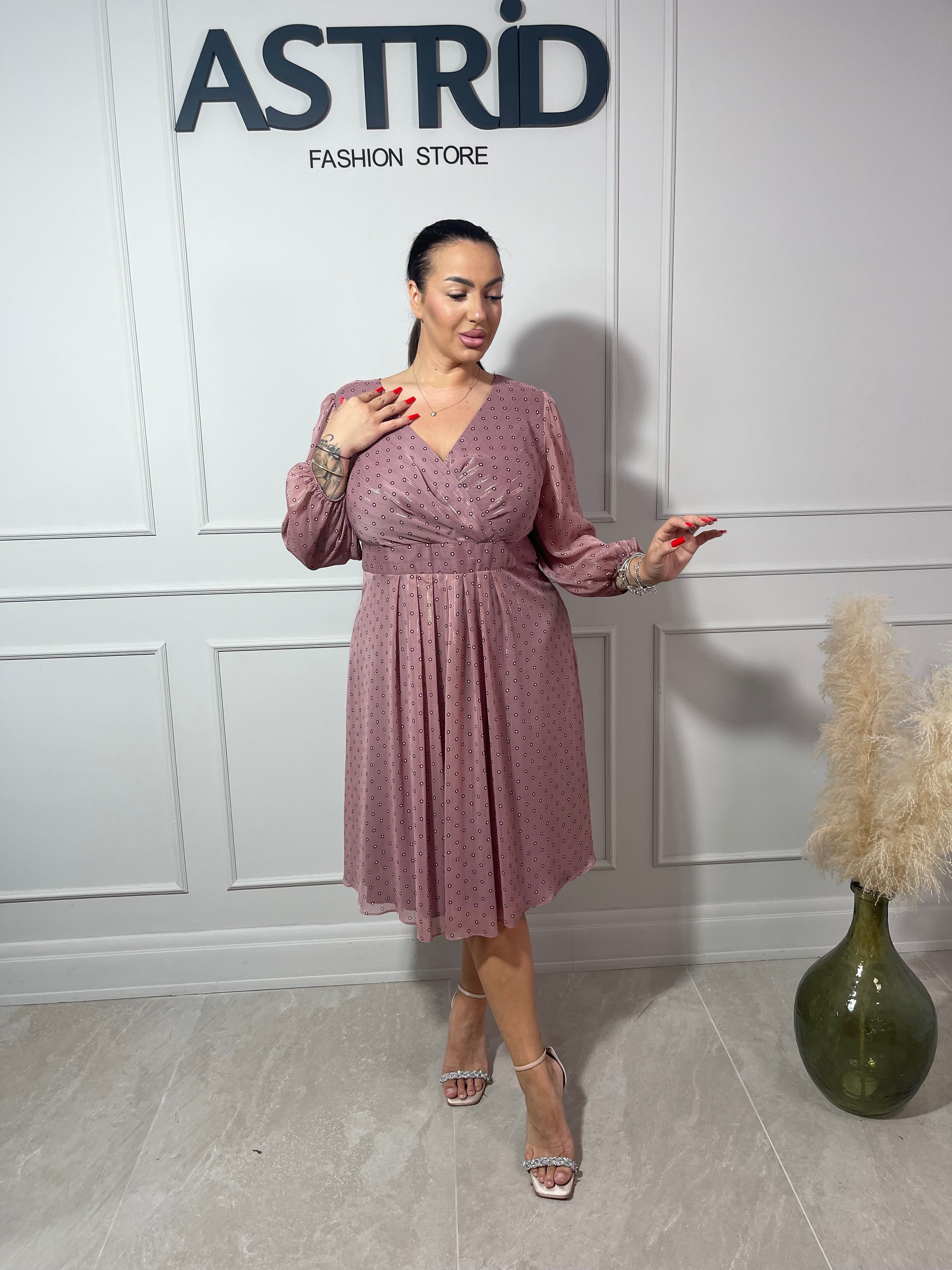 Rochie Kleo midi în cloș mânecă lungă imprimeu bulinuțe