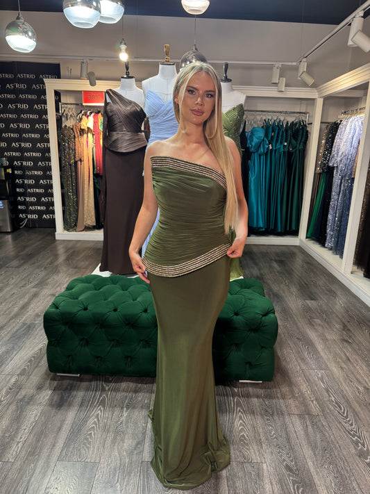 Rochie Aylin lunga olive cu corset aplicatii aurii