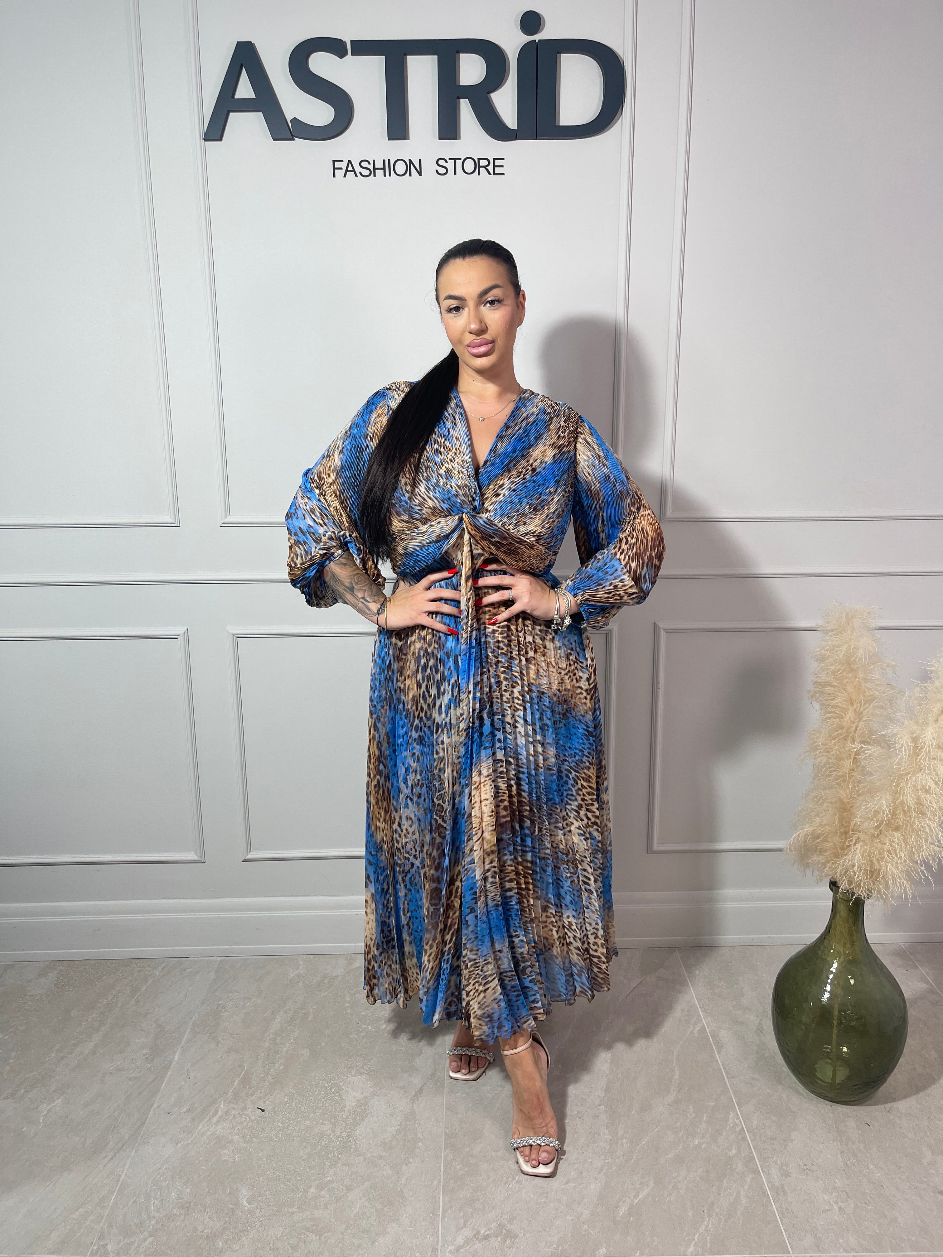 Rochie Naba lungă plisată cu imprimeu leopard