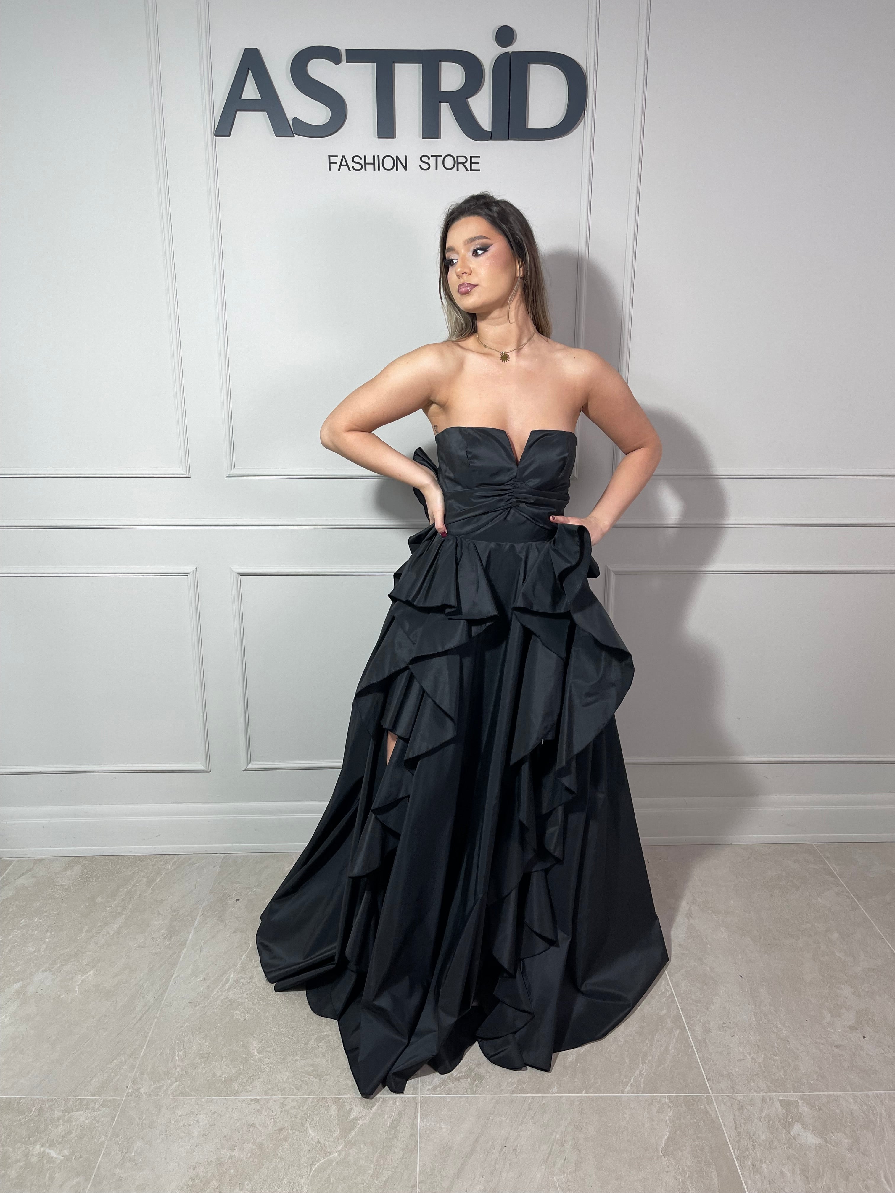 Rochie Grace lungă din tafta decolteu în v și volane