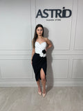 Rochie Anita midi cu falduri și flori in  talie crăpătură pe picior