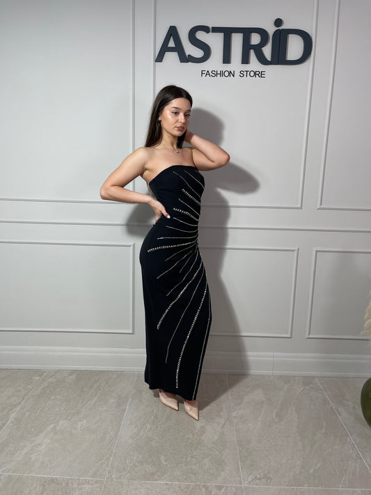 Rochie Cleo midi cu crăpătură laterală și aplicații pietre