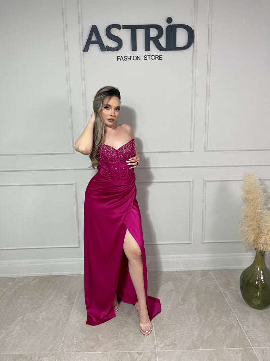 Rochie Emma lungă din satin falduri în talie și pietre la bust