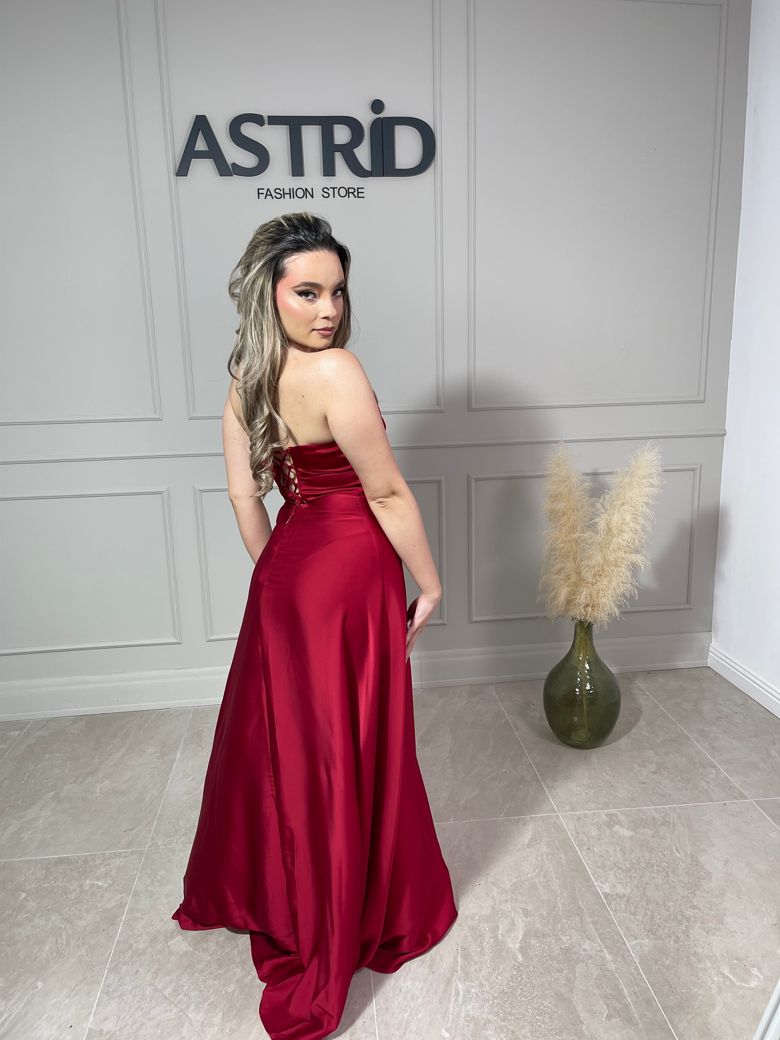 Rochie Eva lungă din satin tip corset și aplicații pietre la bust