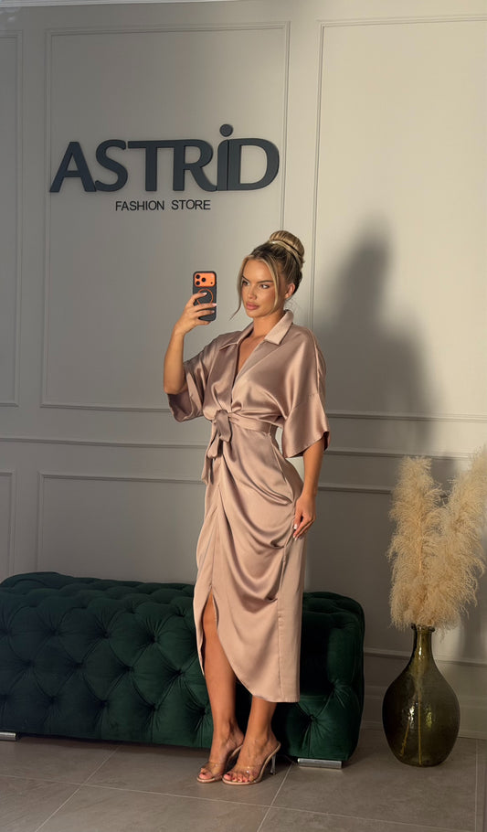 Rochie Any midi din satin cu încrețituri in talie