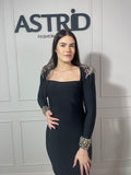 Rochie Maya lungă tip bandaj mânecă lungă și aplicații pietre colorate