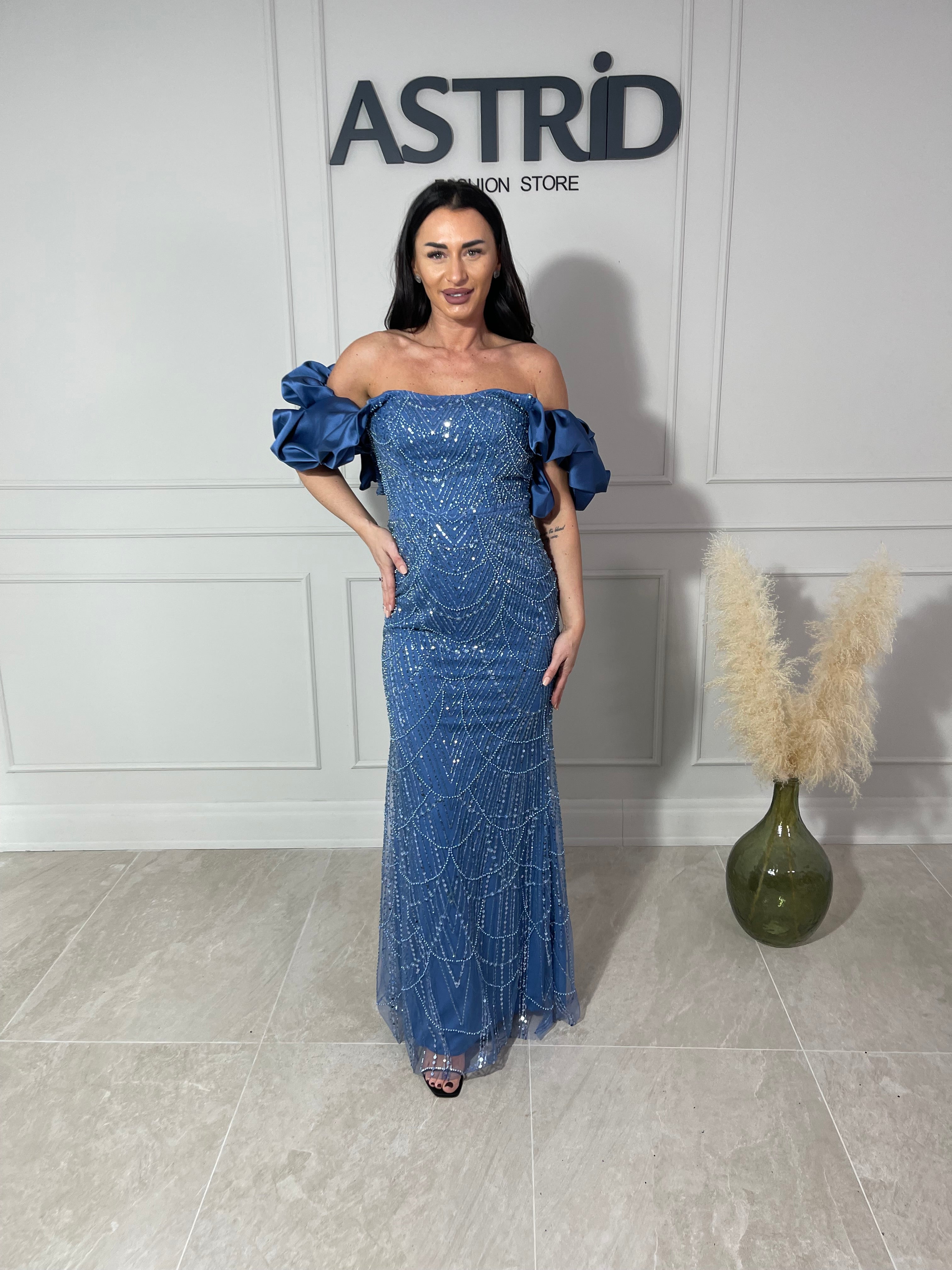 Rochie Amelie lungă din paiete cu mânecă bufantă