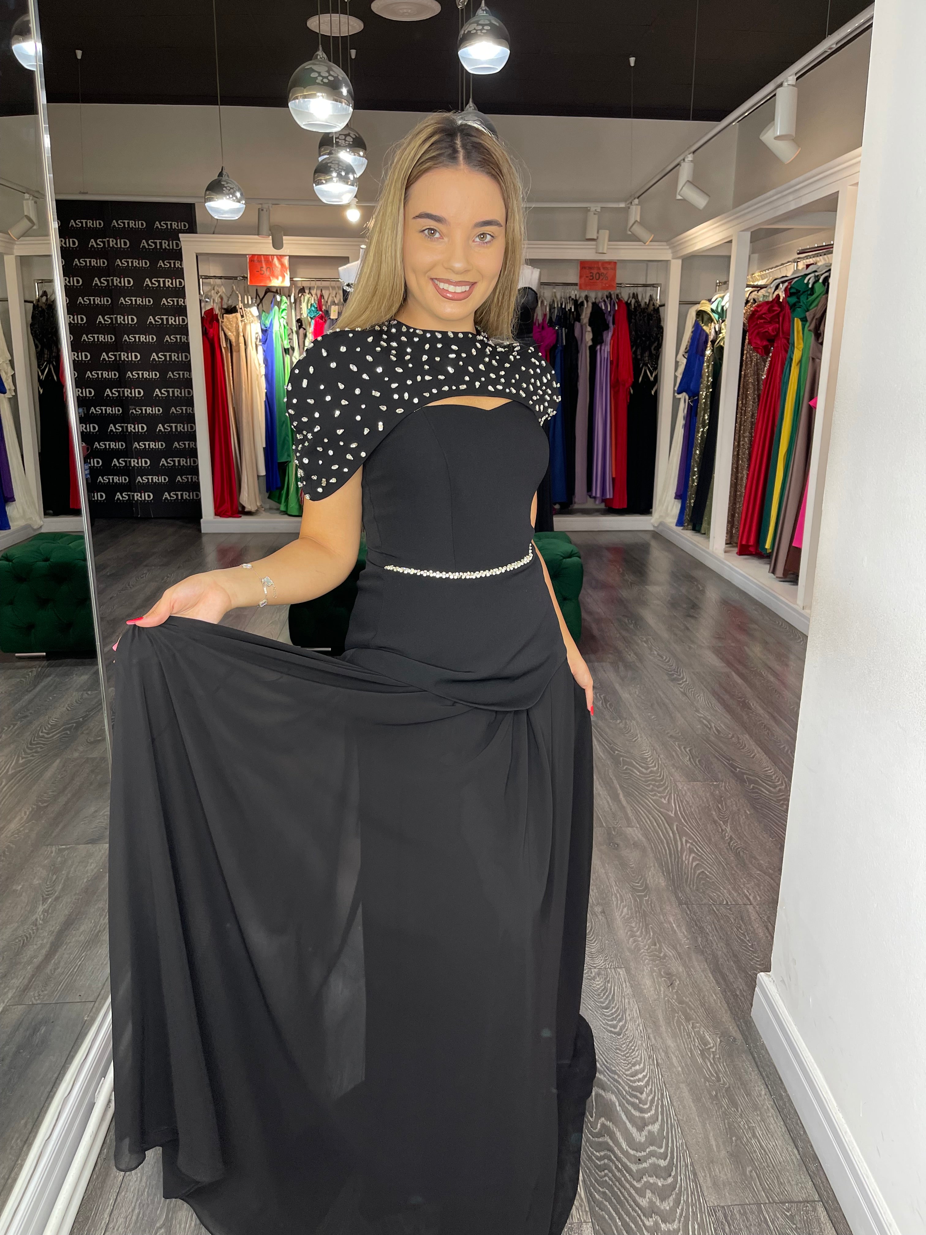 Rochie Laila lungă pietre în talie și capa detașabilă