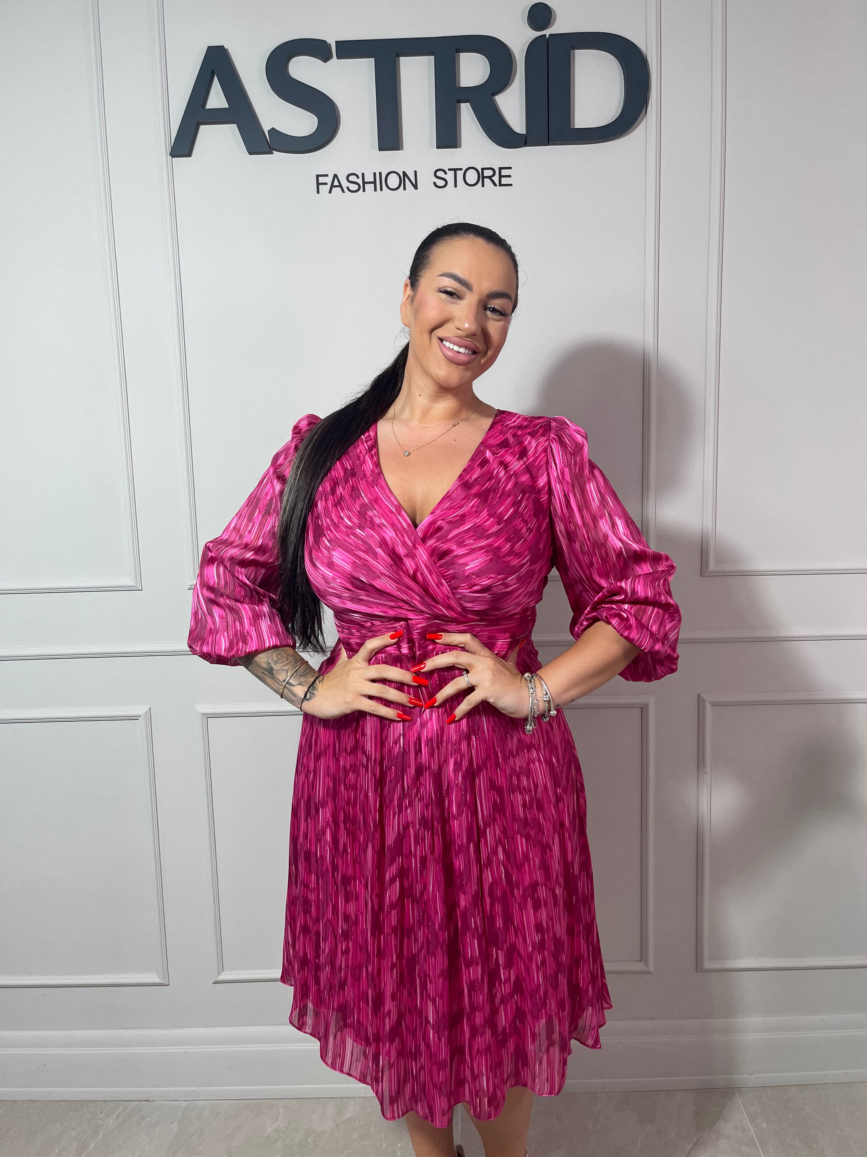 Rochie Gloria midi mânecă 3/4 inserții sclipici