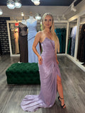 Rochie Lilas lunga cu corset si falduri