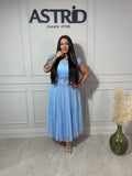 Rochie More midi plisată din tiul curea în talie și volanase la umeri