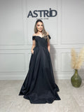 Rochie Perla lungă din sifon decolteu tip bărcuță și buzunare