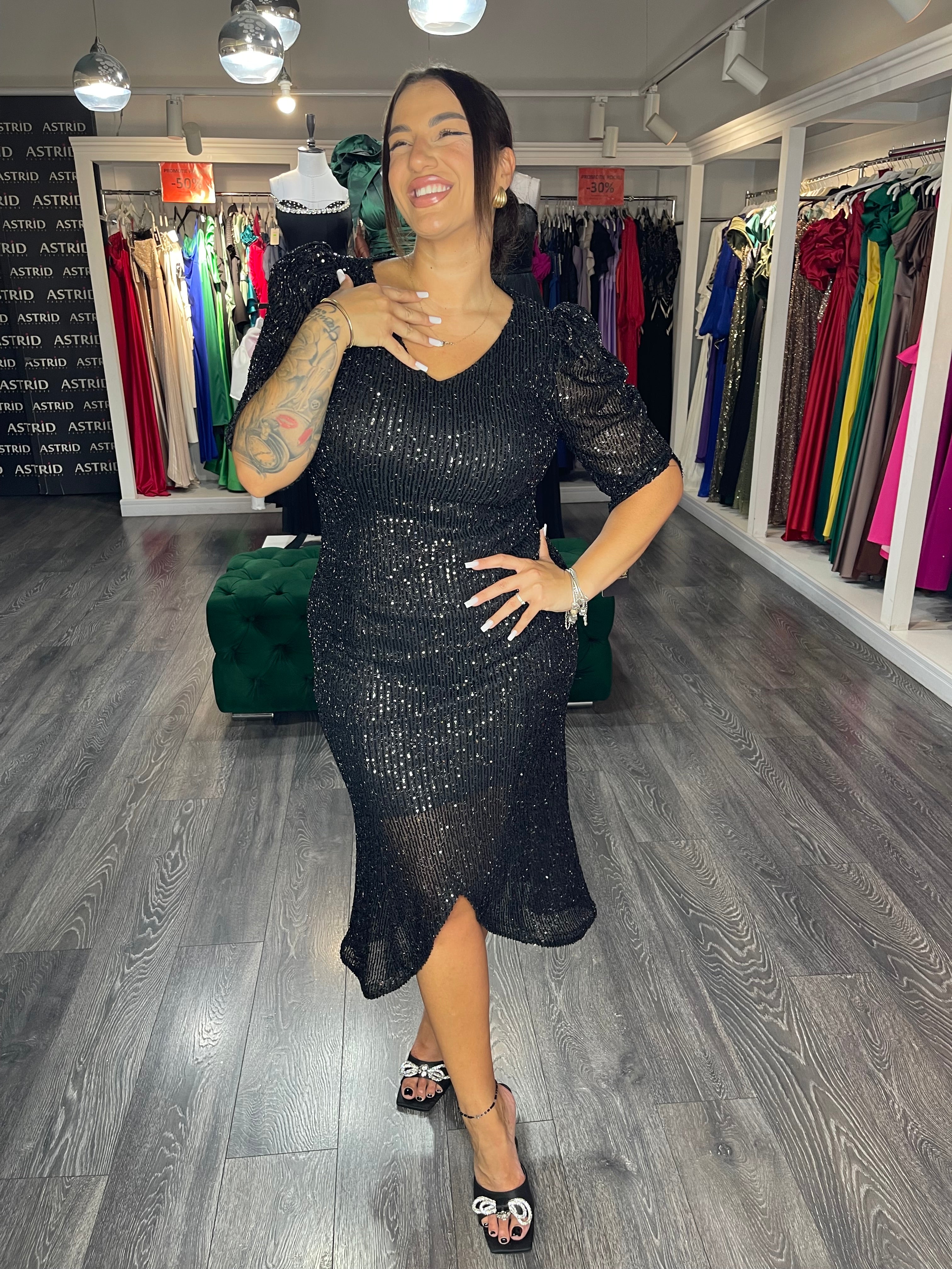 Rochie Elena midi din paiete mânecă 3/4