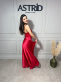 Rochie Erika lungă din satin în cloș cu corset la spate