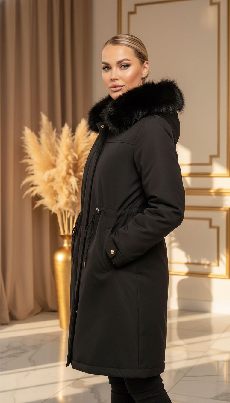 Geaca Bria lungă neagră cu glugă și reglabilă în talie