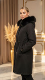 Geaca Bria lungă neagră cu glugă și reglabilă în talie