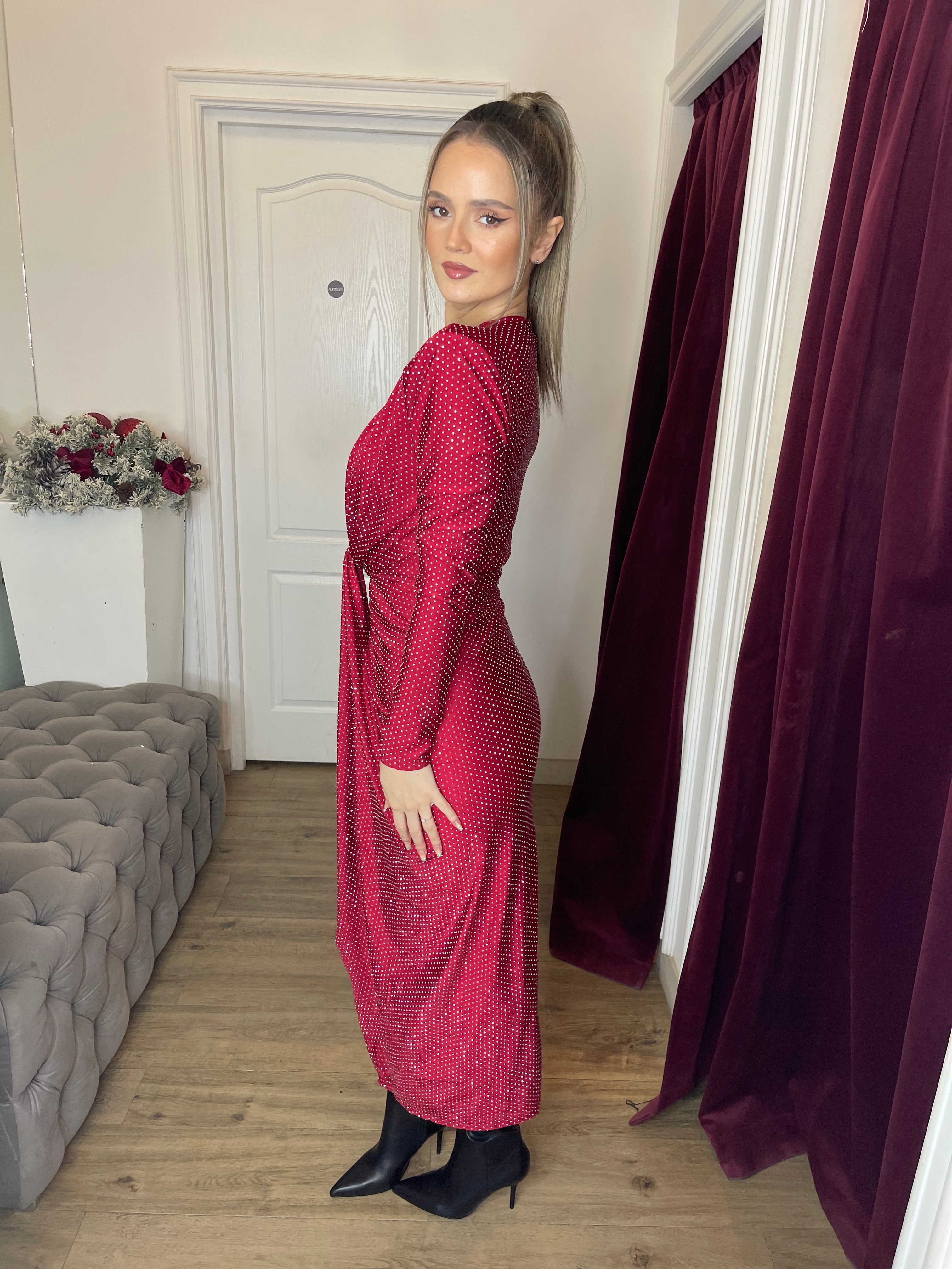 Rochie Mirabella midi cu nod în talie și mânecă lungă aplicații pietre