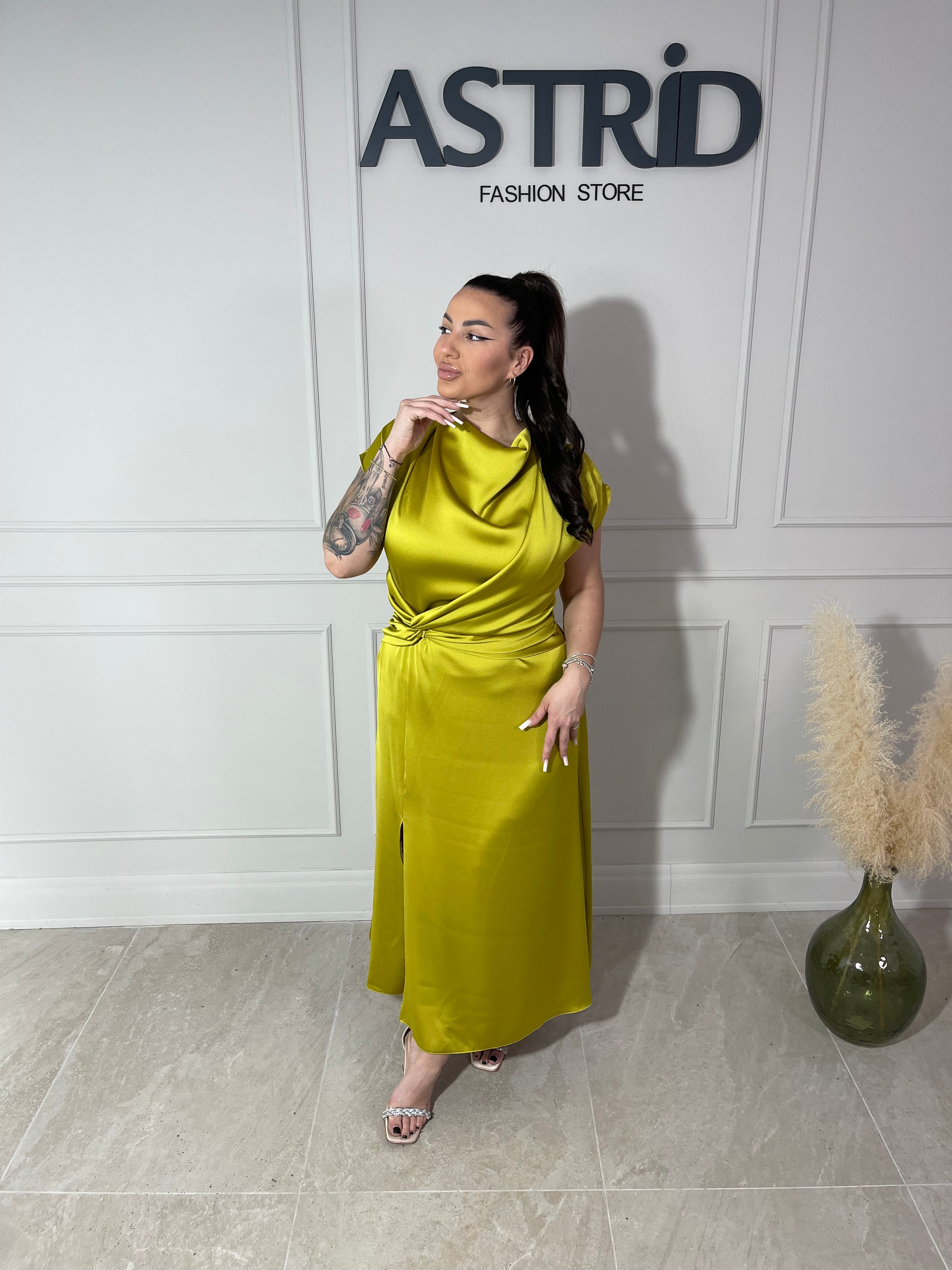 Rochie Zaira midi din satin cu nod în talie