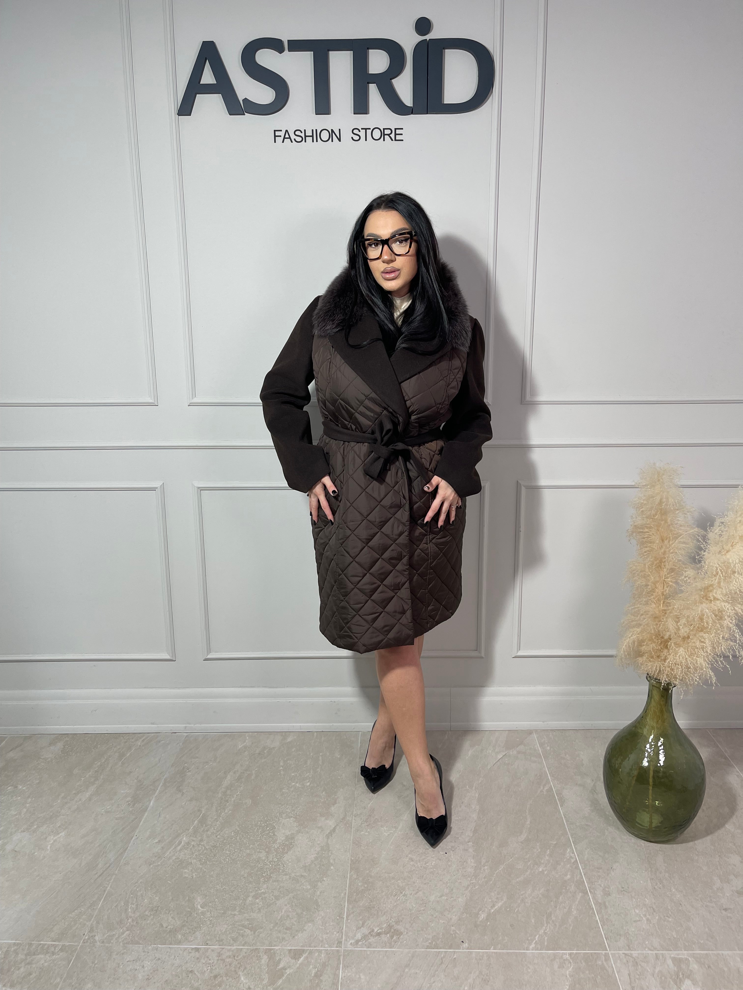 Palton Olivia combinație fâș și stofă