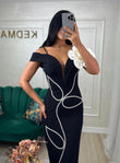 Rochie Nola midi cu accesoriu floare pe umăr