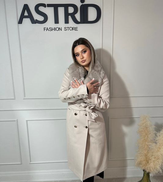 Palton Diandra lung din cașmir cu nasturi aurii și blană naturală