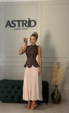 Rochie Brianna midi cu bust satinat si fusta plisata