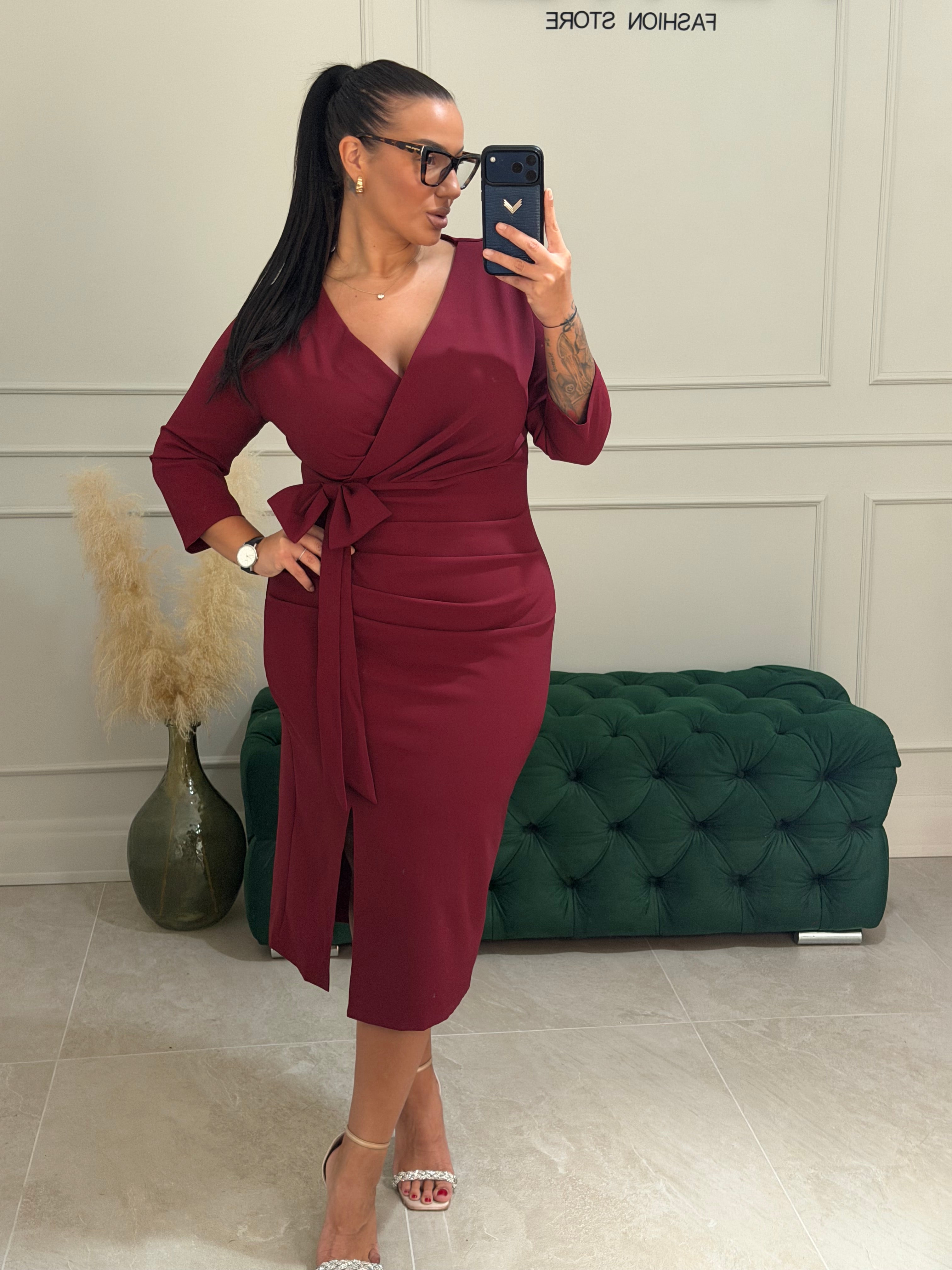 Rochie Eloise midi cu funda si incretita in talie