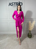 Rochie Faith fucsia mânecă lungă pietre la gât și falduri în talie