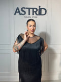 Rochie Ava neagră plasă la bust și aplicații franjuri