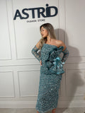 Rochie Belize midi cu mâneci detașabile și aplicații paiete și sclipici