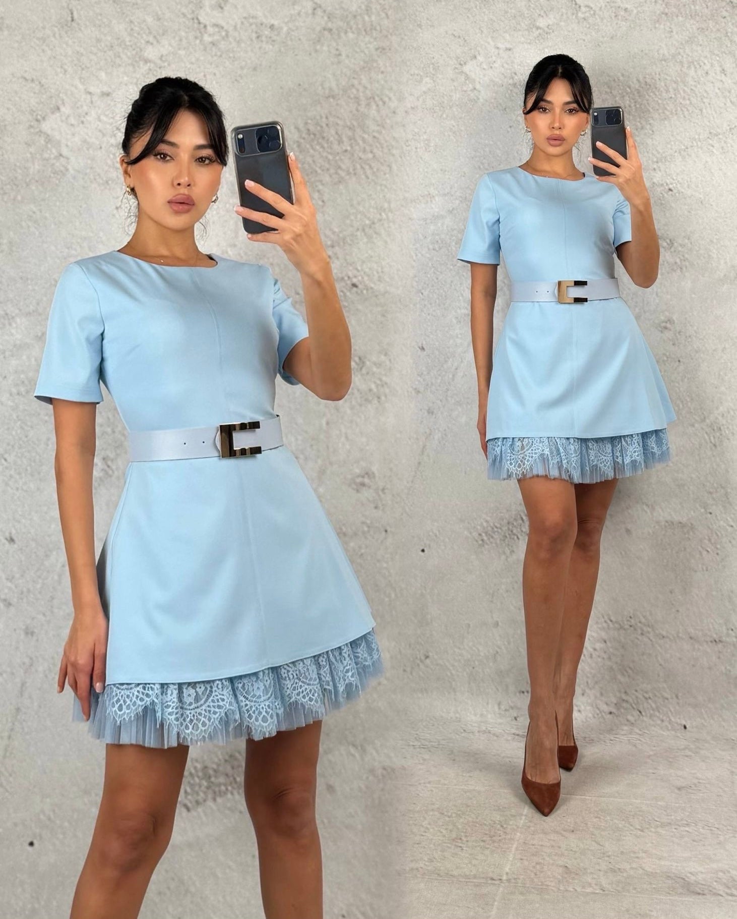 Rochie Selena scurtă cu aplicații dantelă și curea în talie