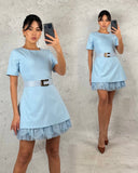 Rochie Selena scurtă cu aplicații dantelă și curea în talie