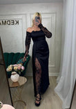 Rochie Dalinda lungă neagră cu aplicații dantelă și crăpătură pe picior