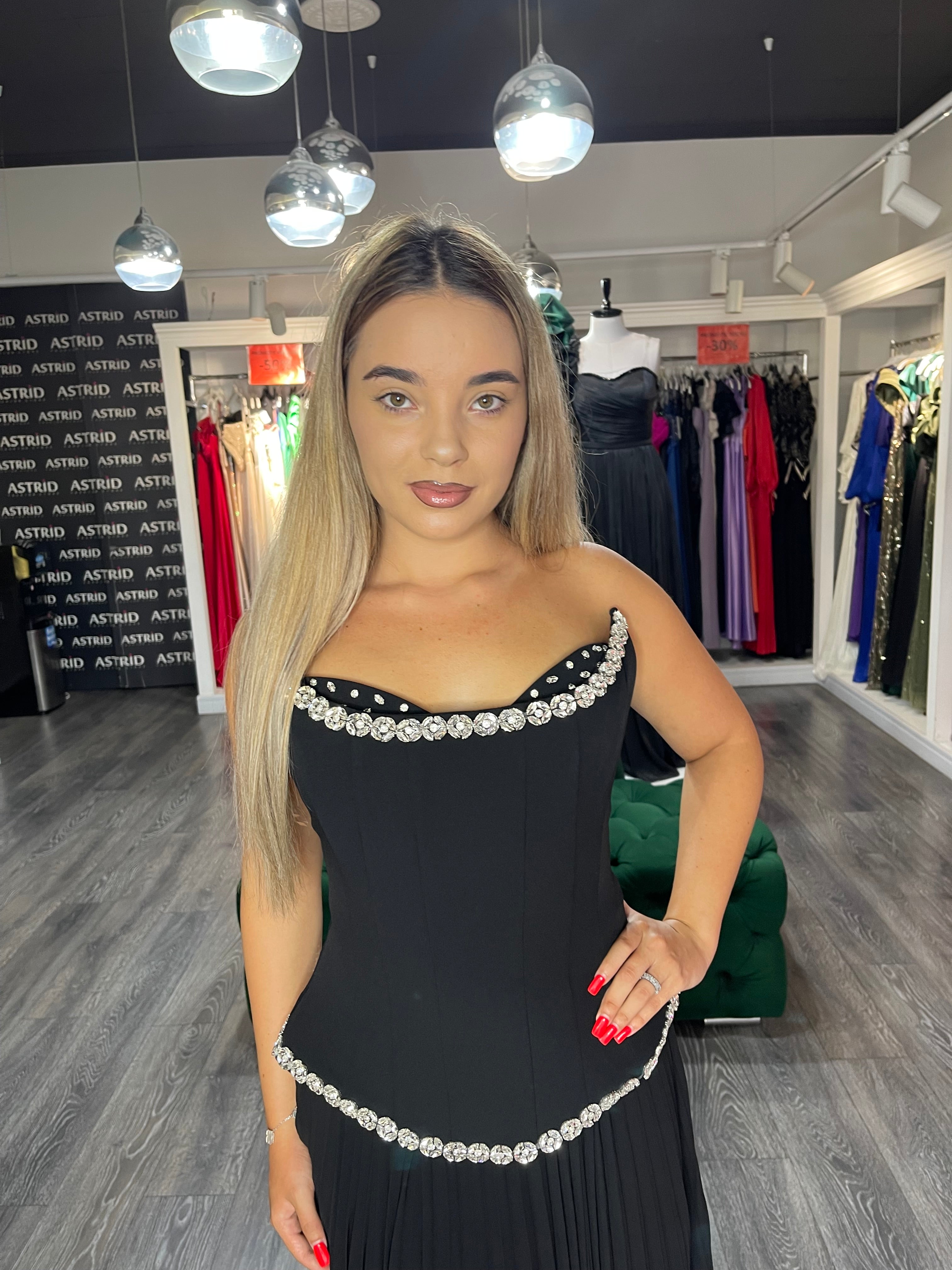 Rochie Catrice lungă plisată aplicații pietre la bust